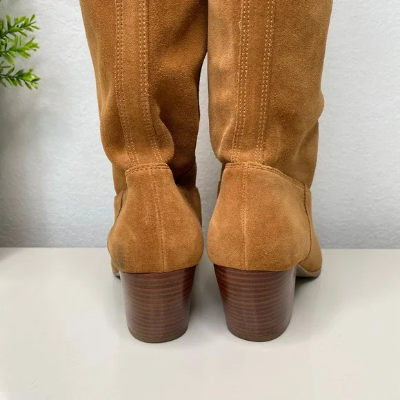 Michael Kors Avery Knee High Suede Leather Boots Stacked Heel Acorn Size 6-6.5 - Picture 4 of 14